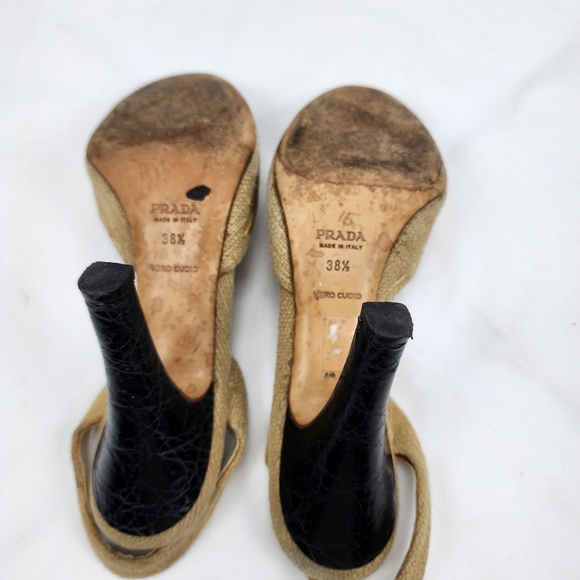 Prada Cream Tweed & Black Leather Round Toe Sling Back Heels Prada 38.5 US 8.5 - Picture 9 of 12